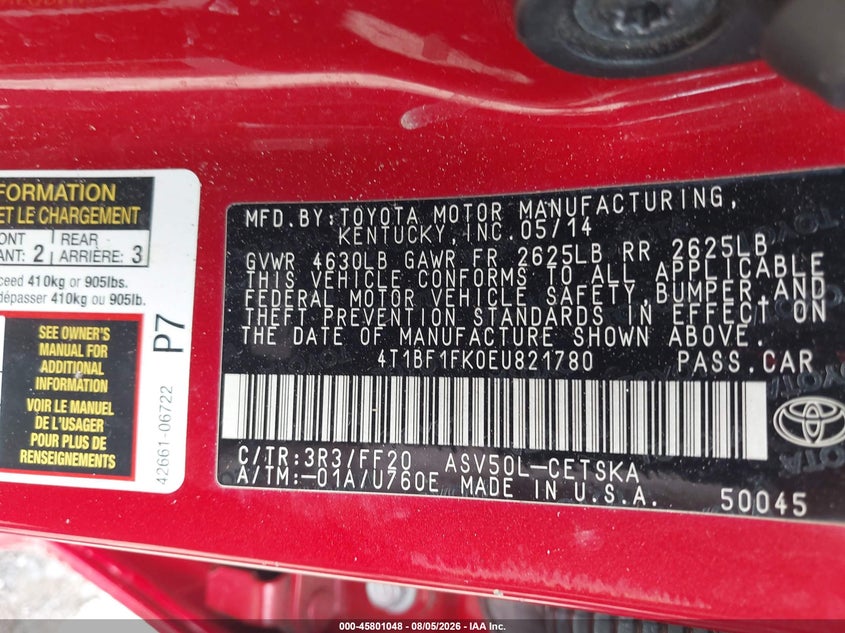 2014 TOYOTA CAMRY SEDAN 2.5L I-4 DOHC, VVT, 178HP