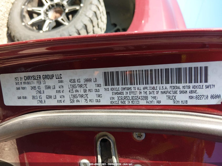 RAM 2500 2013 VIN 3C6UR5DL8DG543288