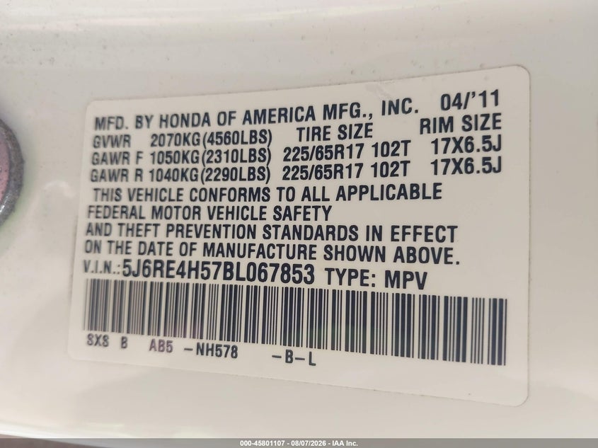 HONDA CR-V 2011 VIN 5J6RE4H57BL067853