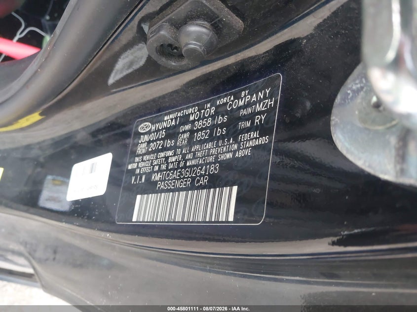 HYUNDAI VELOSTER 2016 VIN KMHTC6AE3GU264183