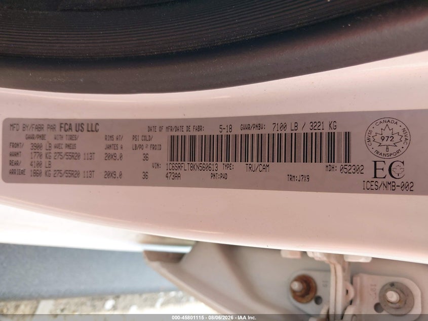 RAM 1500 2019 VIN 1C6SRFLT8KN560613