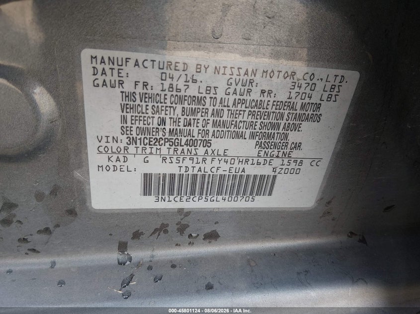 NISSAN VERSA NOTE 2016 VIN 3N1CE2CP5GL400705