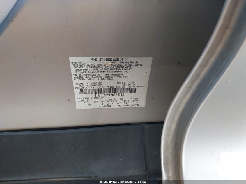 FORD TAURUS 2011 VIN 1FAHP2FW1BG175153