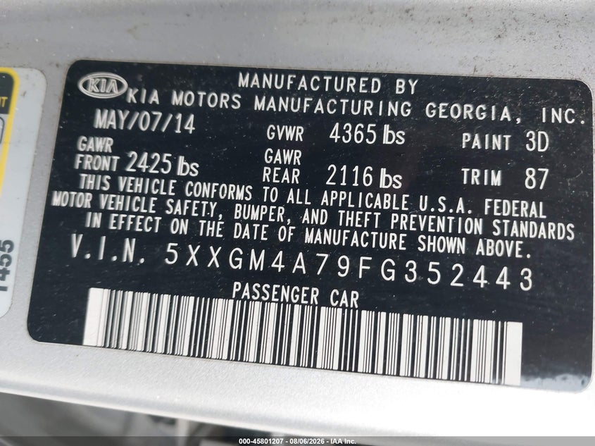 KIA OPTIMA 2015 VIN 5XXGM4A79FG352443