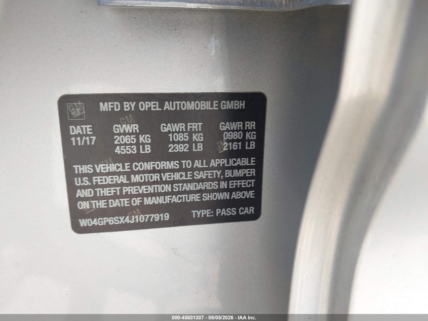 BUICK REGAL SPORTBACK 2018 VIN W04GP6SX4J1077919
