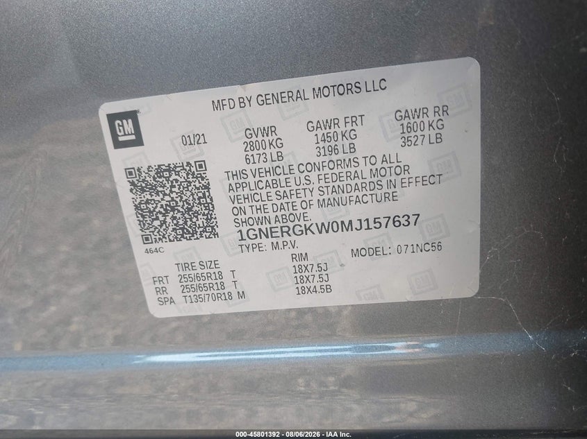 CHEVROLET TRAVERSE 2021 VIN 1GNERGKW0MJ157637