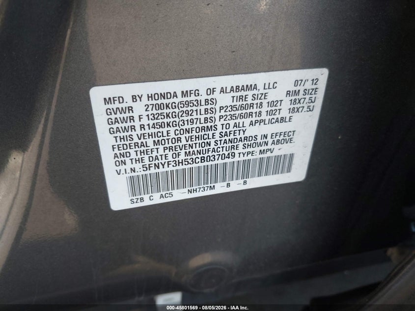 2012 HONDA PILOT SPORT UTILITY VEHICLE 3.5L V-6 VVT, 250HP