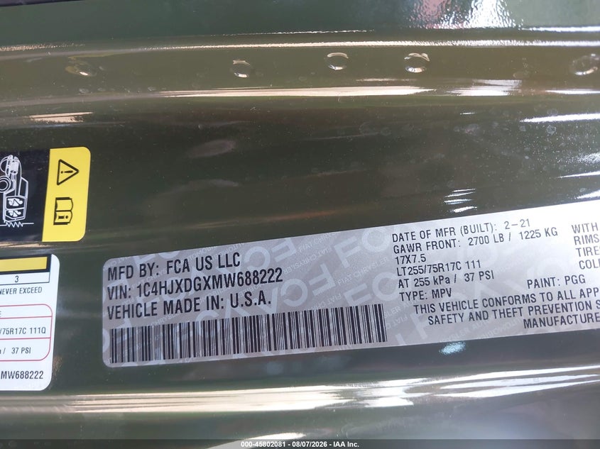 JEEP WRANGLER UNLIMITED 2021 VIN 1C4HJXDGXMW688222
