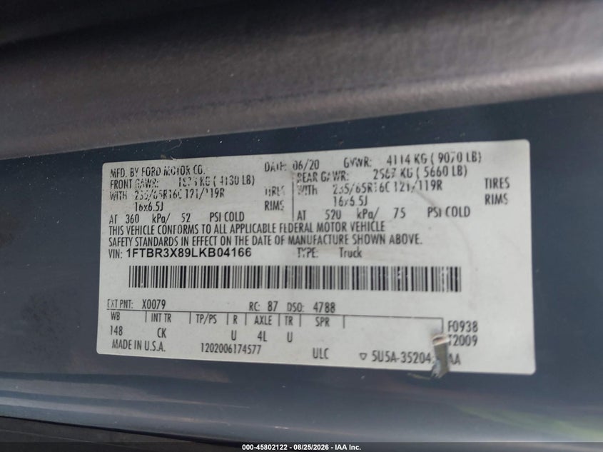 FORD TRANSIT-250 CARGO VAN 2020 VIN 1FTBR3X89LKB04166