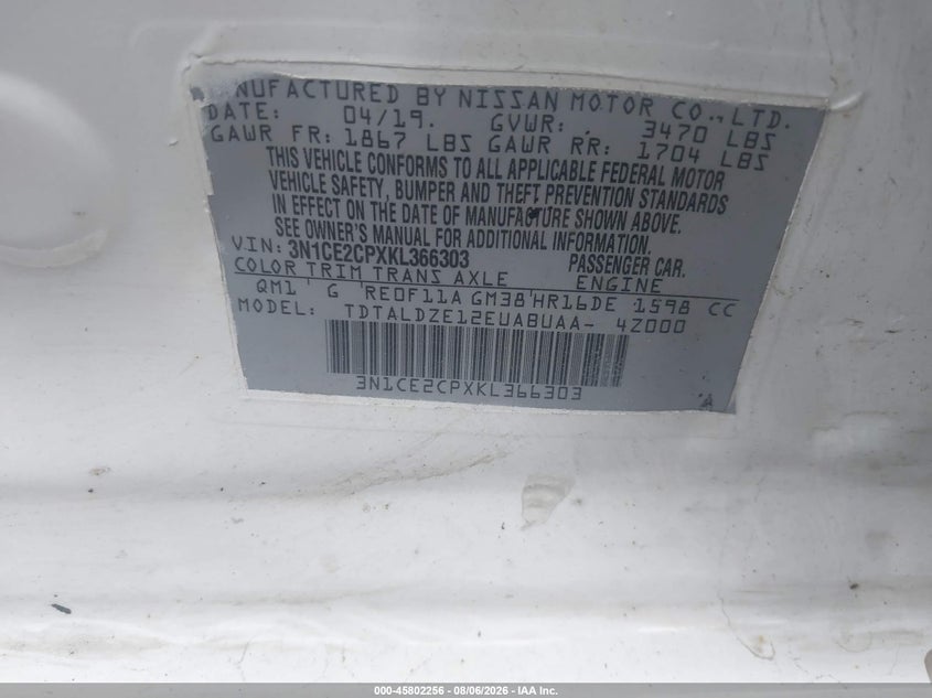 NISSAN VERSA NOTE 2019 VIN 3N1CE2CPXKL366303