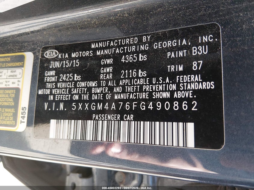 KIA OPTIMA 2015 VIN 5XXGM4A76FG490862