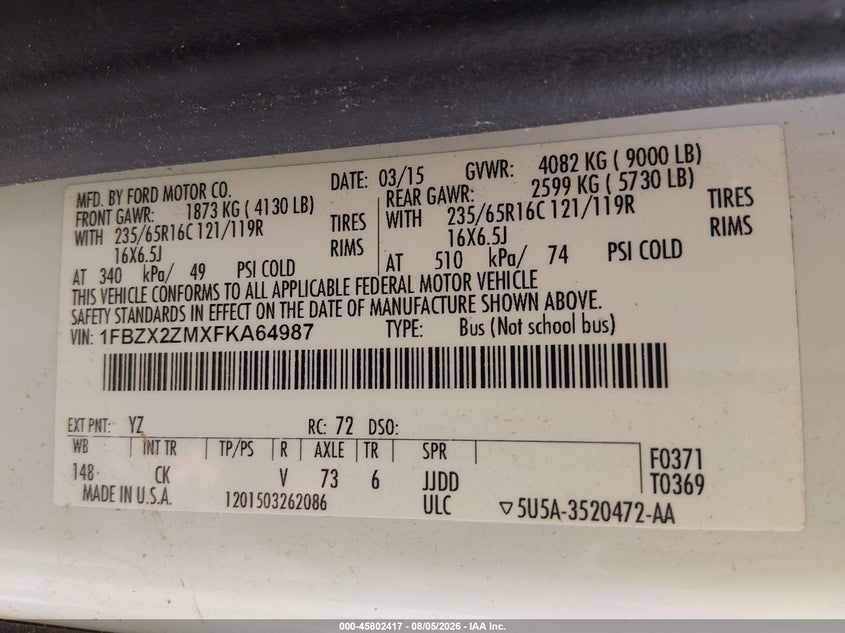 FORD TRANSIT-350 2015 VIN 1FBZX2ZMXFKA64987
