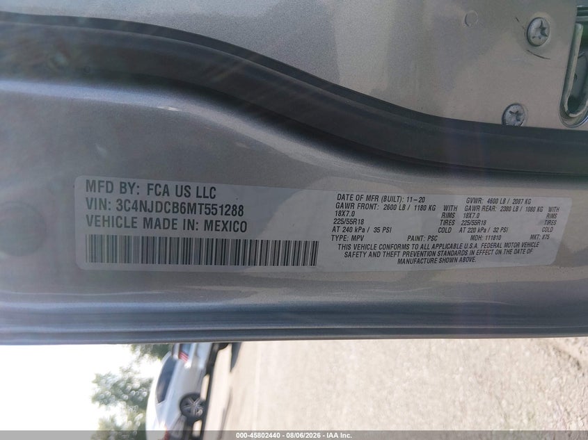 2021 JEEP COMPASS SPORT UTILITY VEHICLE 2.4L I-4 VVT, 180HP