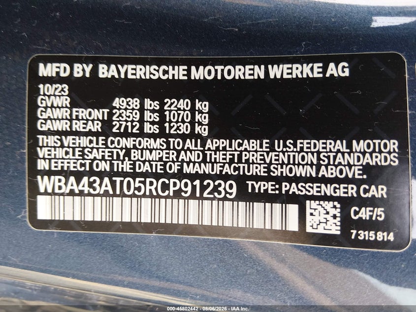 BMW 430I 2024 VIN WBA43AT05RCP91239