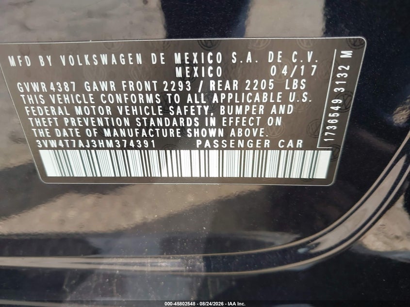 VOLKSWAGEN JETTA 2017 VIN 3VW4T7AJ3HM374391
