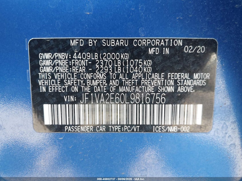 SUBARU WRX STI 2020 VIN JF1VA2E60L9816756