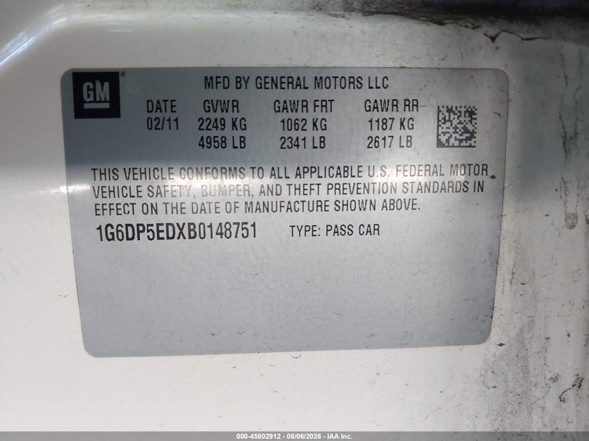 CADILLAC CTS 2011 VIN 1G6DP5EDXB0148751