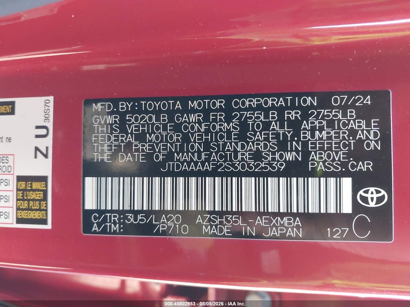 TOYOTA CROWN 2025 VIN JTDAAAAF2S3032539