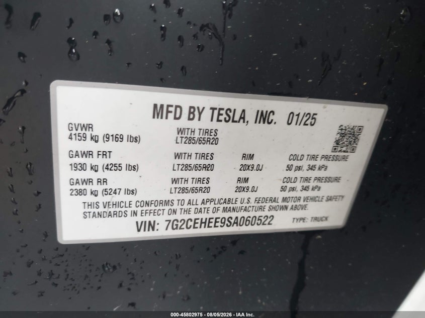 TESLA CYBERTRUCK 2025 VIN 7G2CEHEE9SA060522