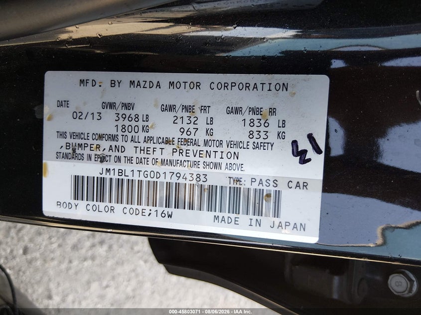 2013 MAZDA 3 SEDAN 2.0L I-4 DOHC, VVT, 148HP