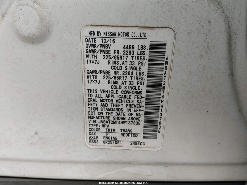 NISSAN ROGUE 2017 VIN JN8AT2MT4HW137838