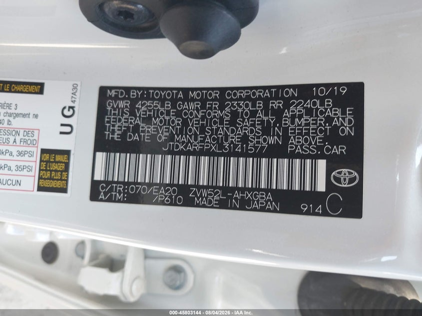 TOYOTA PRIUS PRIME 2020 VIN JTDKARFPXL3141577