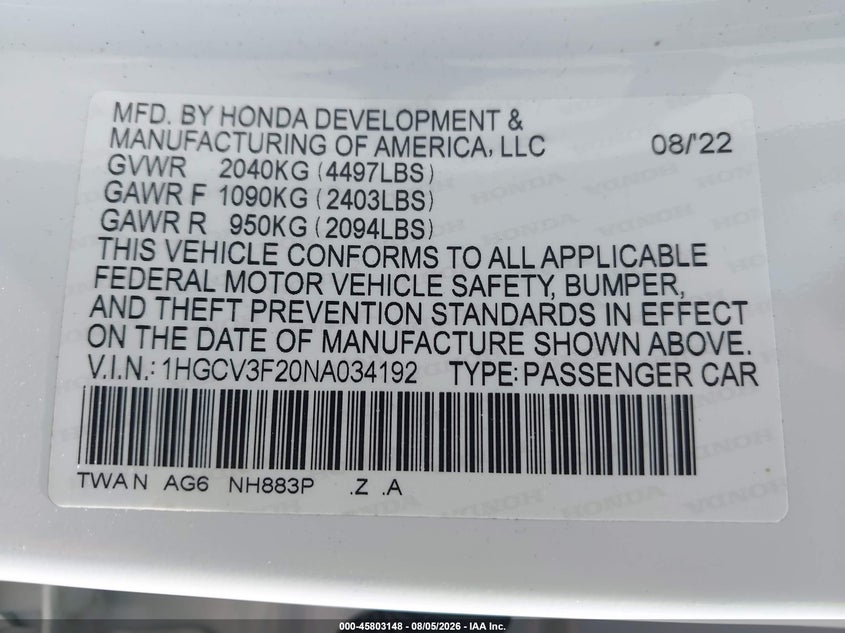 2022 Honda Accord(VIN: 1HGCV3F20NA034192