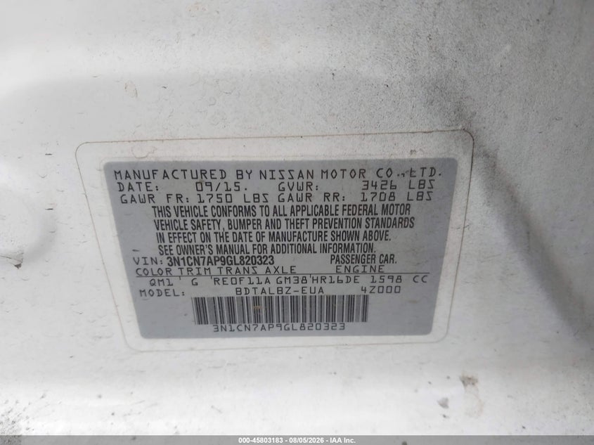 2016 NISSAN VERSA SEDAN 1.6L I-4 DOHC, VVT, 109HP