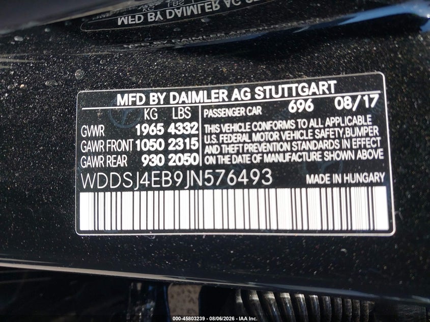 MERCEDES-BENZ CLA 250 2018 VIN WDDSJ4EB9JN576493