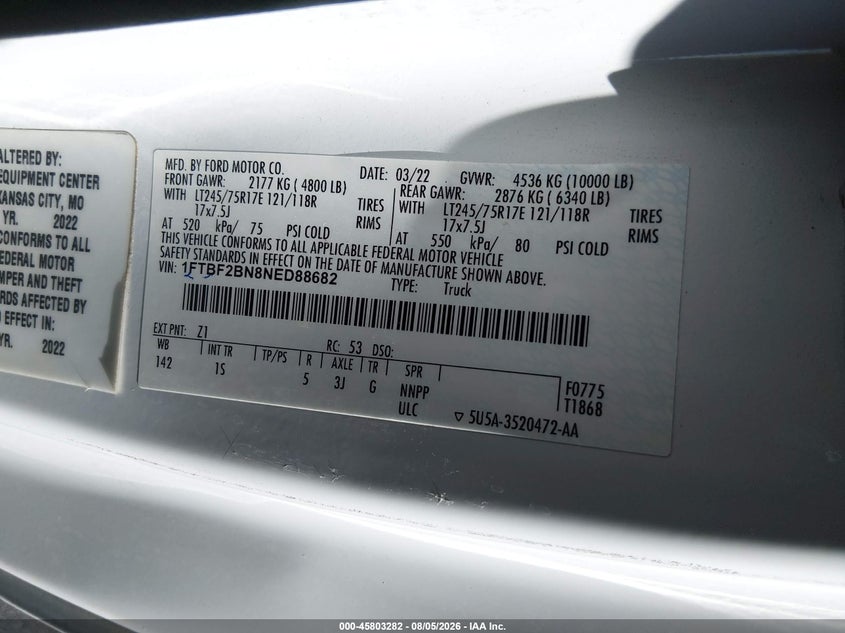 Vin: 1ftbf2bn8ned88682, lot: 46302114, ford f-250 xl 20224
