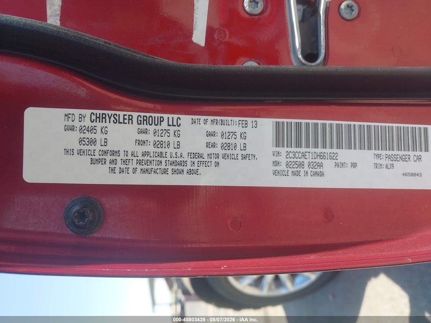 CHRYSLER 300C 2013 VIN 2C3CCAET1DH661622