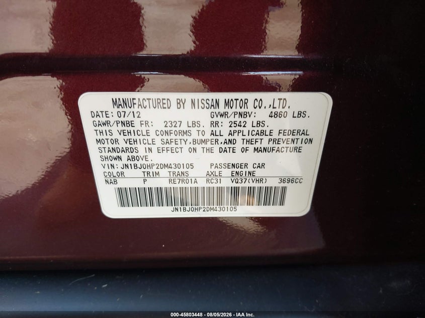 INFINITI EX37 2013 VIN JN1BJ0HP2DM430105