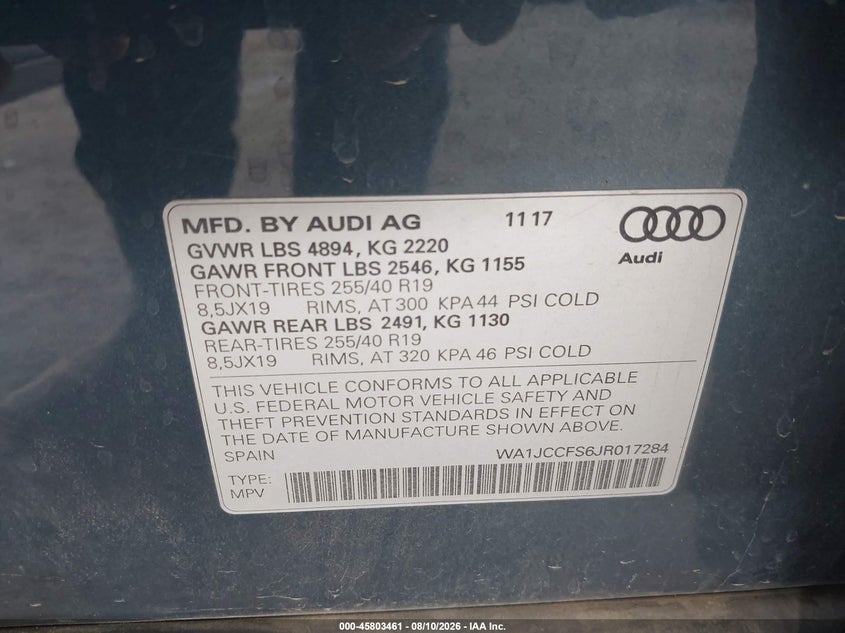 AUDI Q3 2018 VIN WA1JCCFS6JR017284
