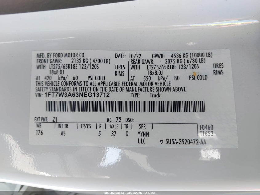 FORD F-350 2022 VIN 1FT7W3A63NEG13712