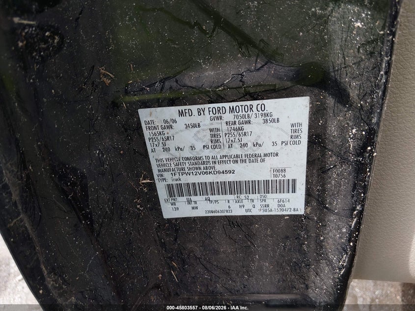 FORD F-150 2006 VIN 1FTPW12V06KD94592