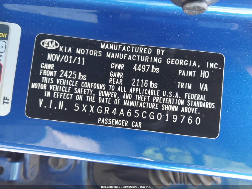 KIA OPTIMA 2012 VIN 5XXGR4A65CG019760