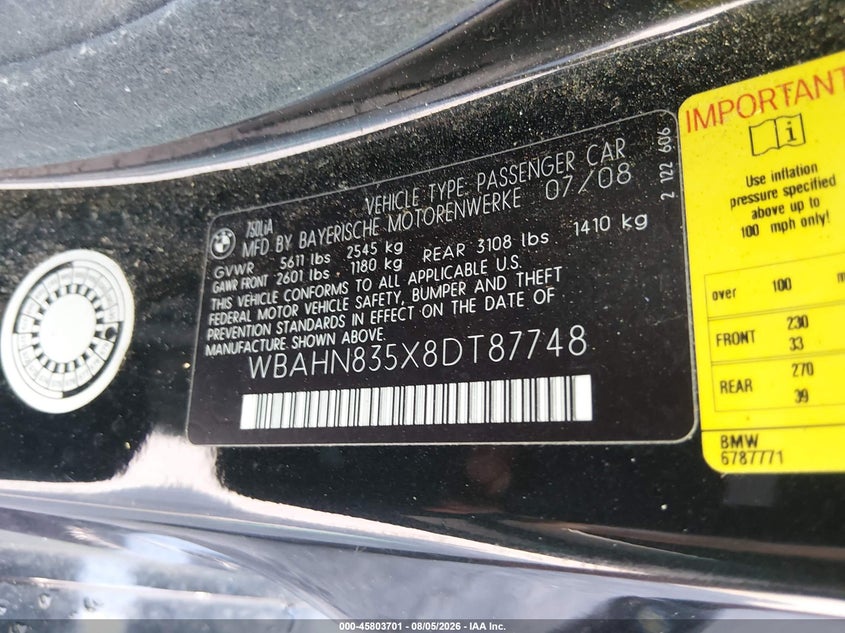 BMW 750LI 2008 VIN WBAHN835X8DT87748