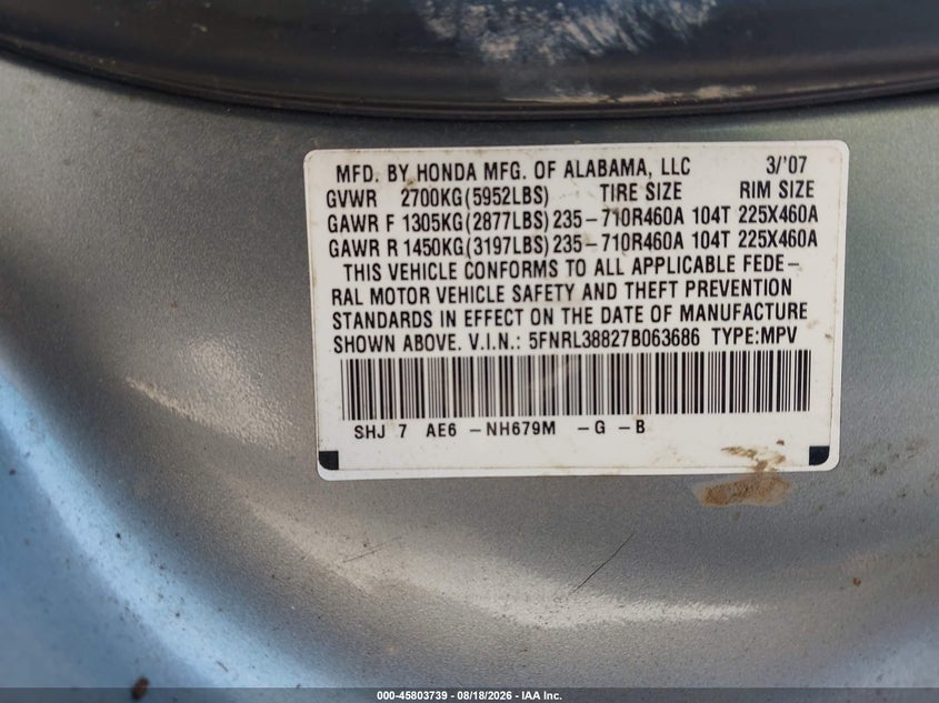 HONDA ODYSSEY 2007 VIN 5FNRL38827B063686