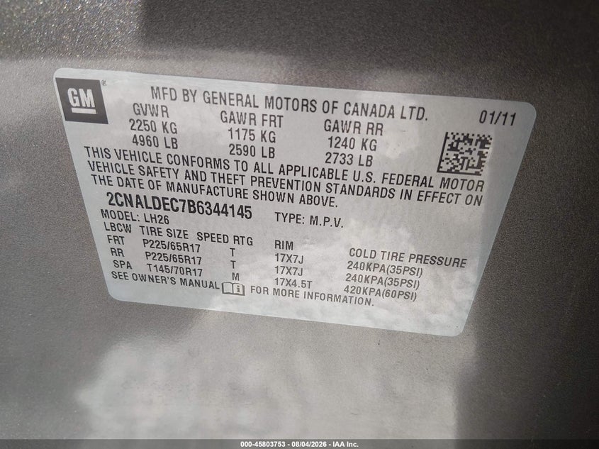 CHEVROLET EQUINOX 2011 VIN 2CNALDEC7B6344145