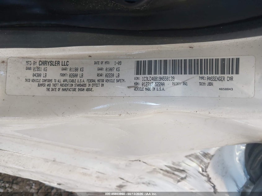 2009 CHRYSLER SEBRING SEDAN 2.4L I-4 DOHC, VVT, 173HP
