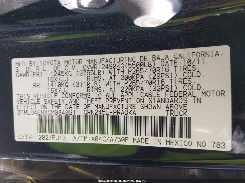 TOYOTA TACOMA 2012 VIN 3TMLU4ENXCM084021