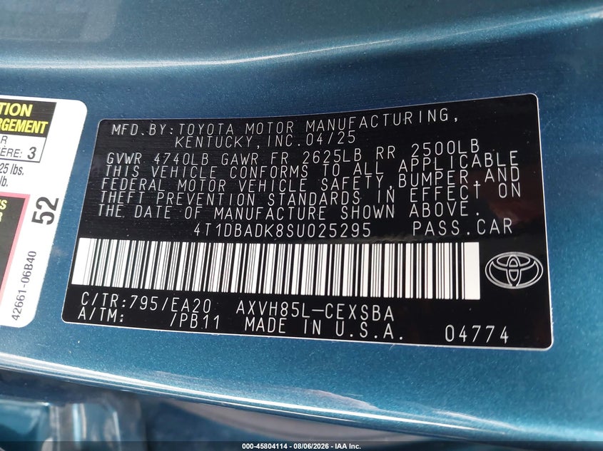 TOYOTA CAMRY 2025 VIN 4T1DBADK8SU025295