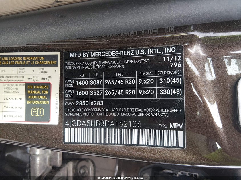 MERCEDES-BENZ ML 350 2013 VIN 4JGDA5HB3DA162136