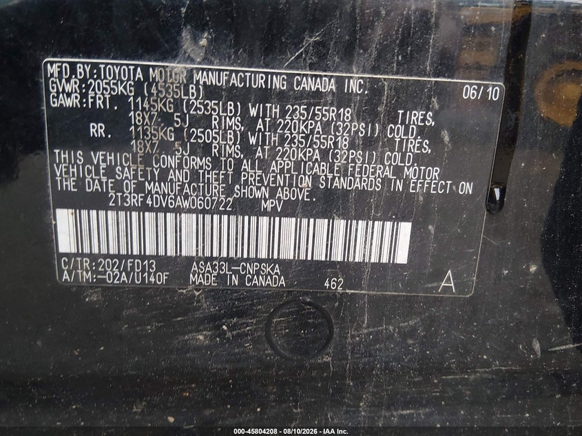 TOYOTA RAV4 2010 VIN 2T3RF4DV6AW060722