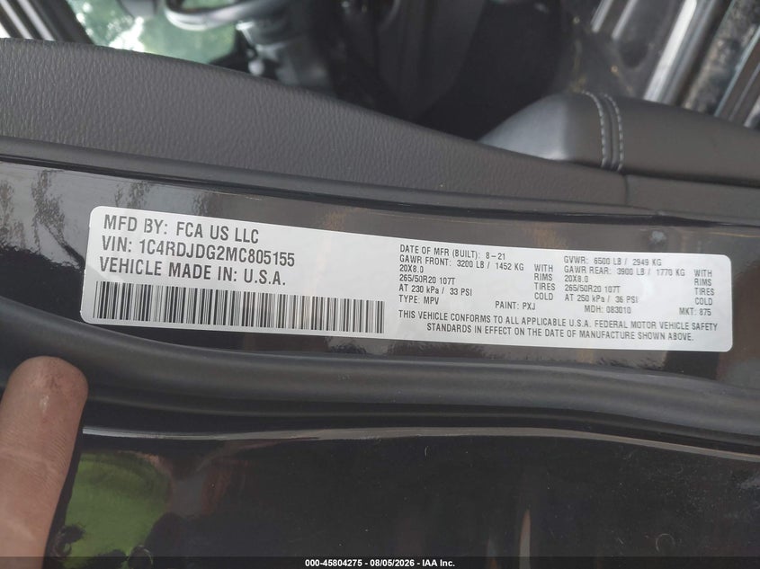 DODGE DURANGO 2021 VIN 1C4RDJDG2MC805155