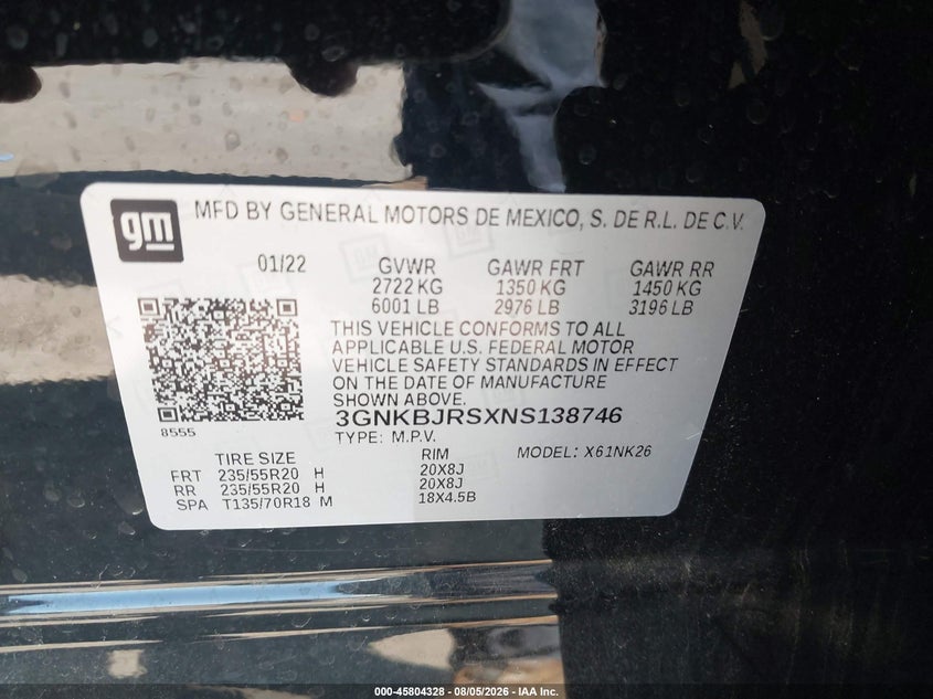 CHEVROLET BLAZER 2022 VIN 3GNKBJRSXNS138746