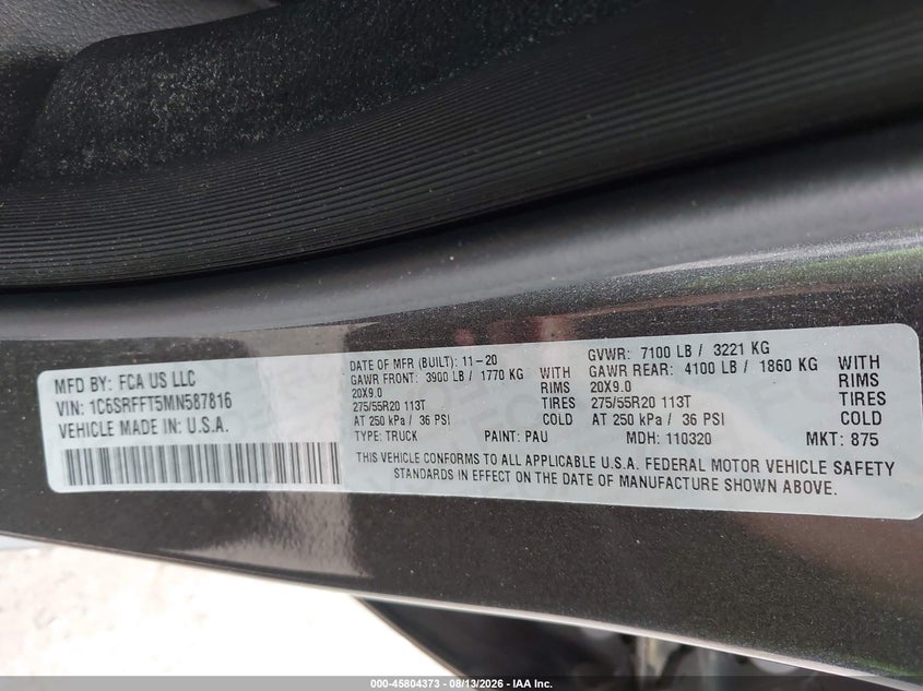 RAM 1500 2021 VIN 1C6SRFFT5MN587816