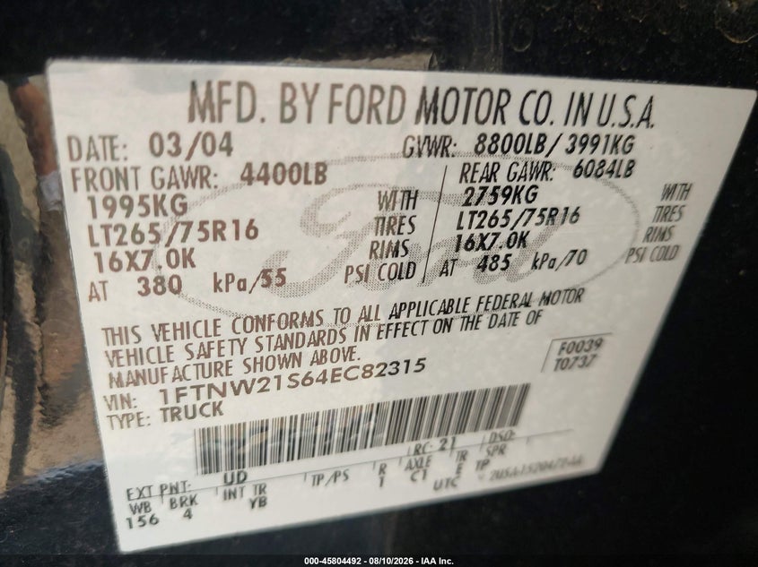 2004 FORD F250 PICKUP 6.8L V-10 310HP