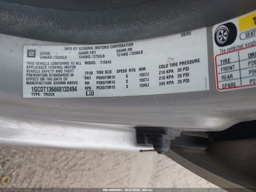 CHEVROLET COLORADO 2006 VIN 1GCDT136668132494