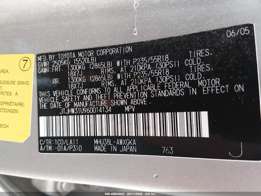 2006 LEXUS RX SPORT UTILITY VEHICLE 3.3L V-6 DOHC, VVT, 208HP